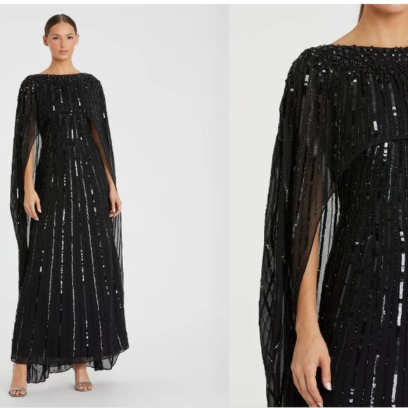 MAC DUGGAL 93869 EMBELLISHED BEADED COLUMN CAPE BLACK GOWN sz 14 - Picture 6 of 7